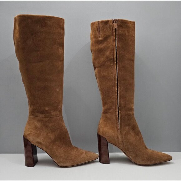 Vince Pilar Knee High Boot Women 9.5 WIDE CALF Amber Brown Suede Block Heel Fall - Picture 3 of 16